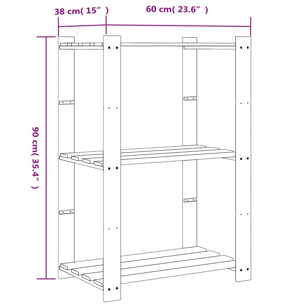 Oppbevaringshylle 3 etasjer brun 60x38x90 cm heltre furu