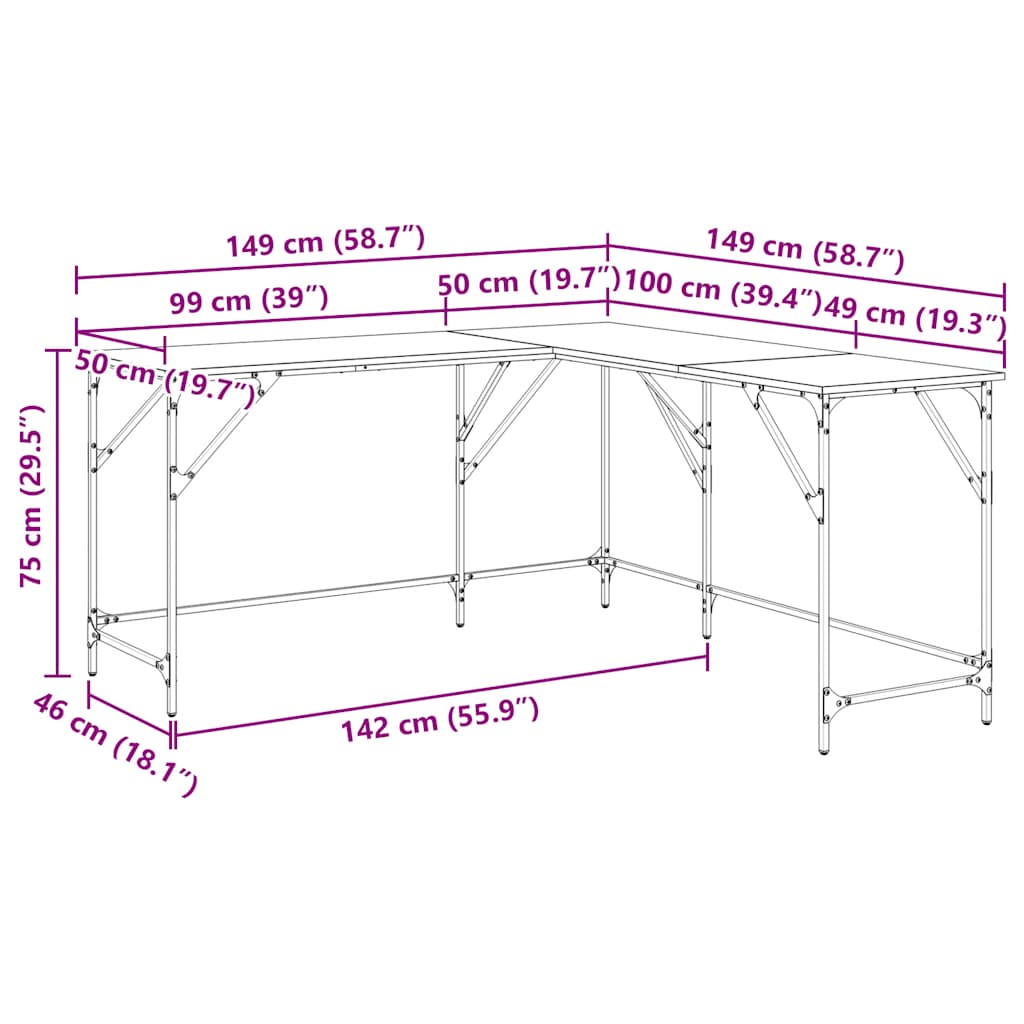 Skrivebord røkt eik 149x149x75 cm konstruert tre
