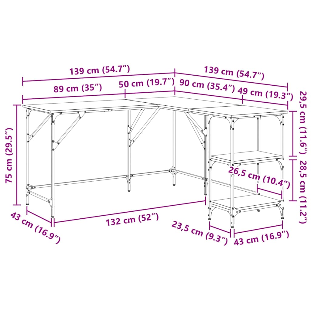 Skrivebord røkt eik 139x139x75 cm konstruert tre vidaXL