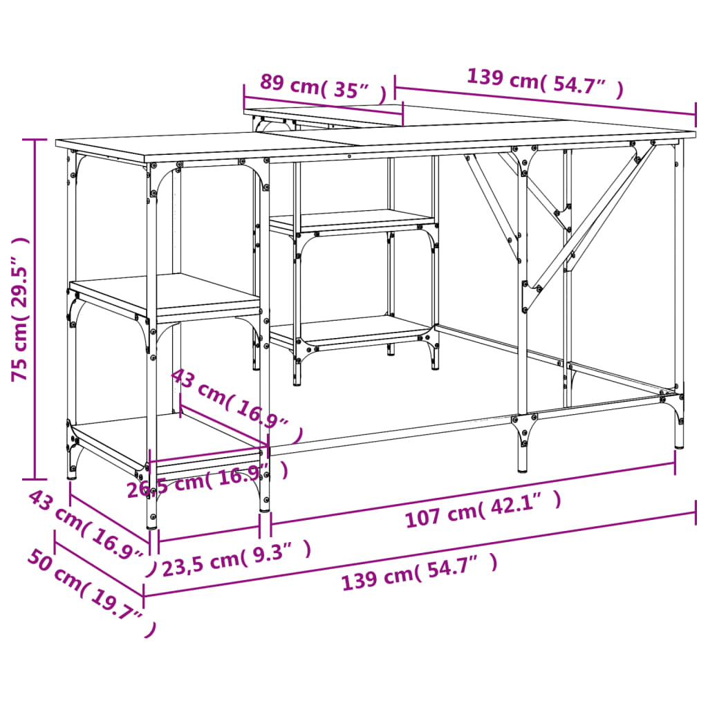 Skrivebord sonoma eik 139x139x75 cm konstruert tre