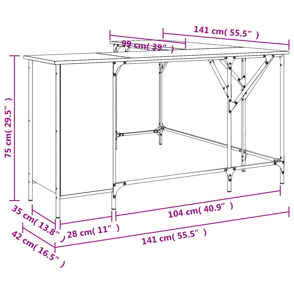 Skrivebord sonoma eik 141x141x75 cm konstruert tre