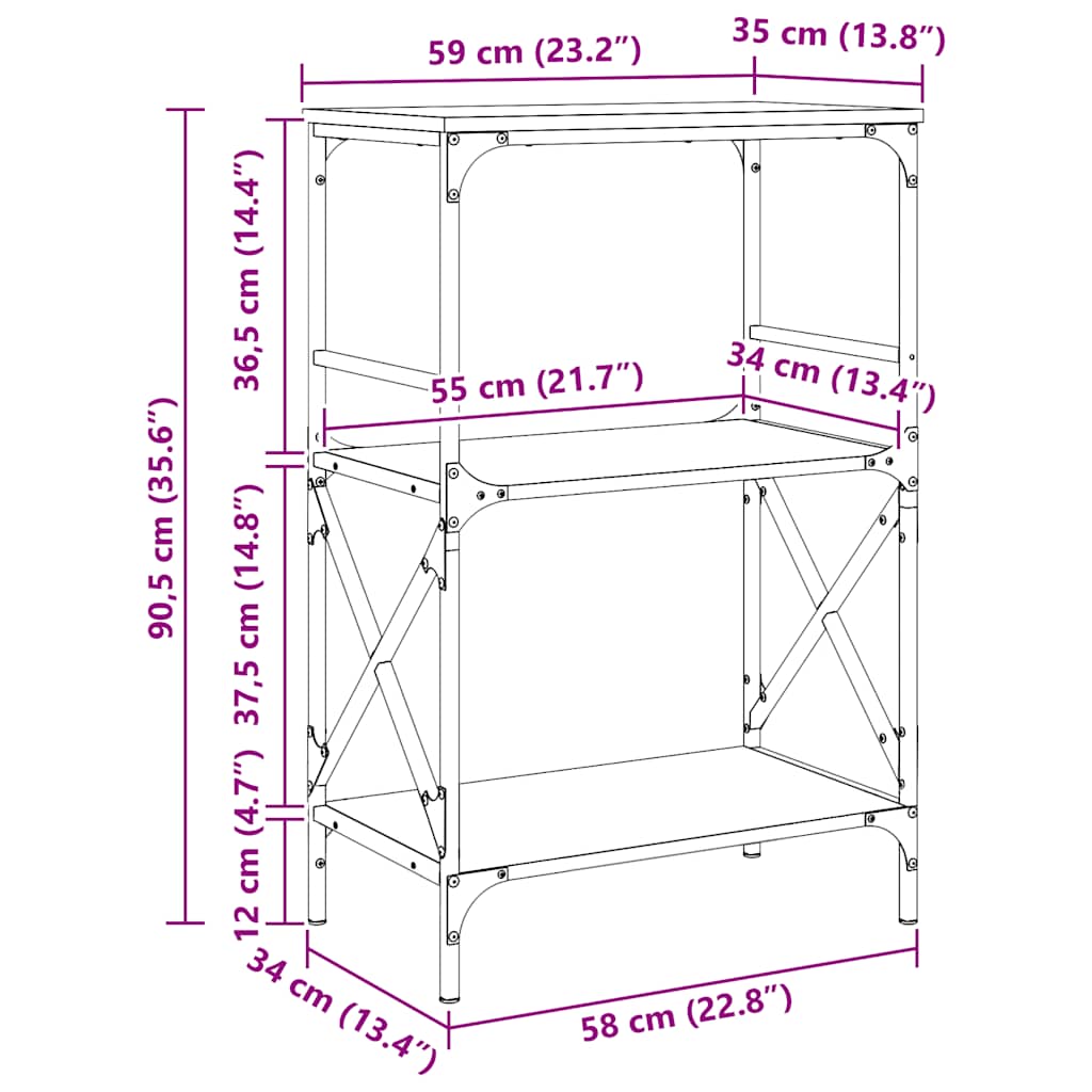 Bokhylle 3 etasjer svart 59x35x90,5 cm konstruert tre