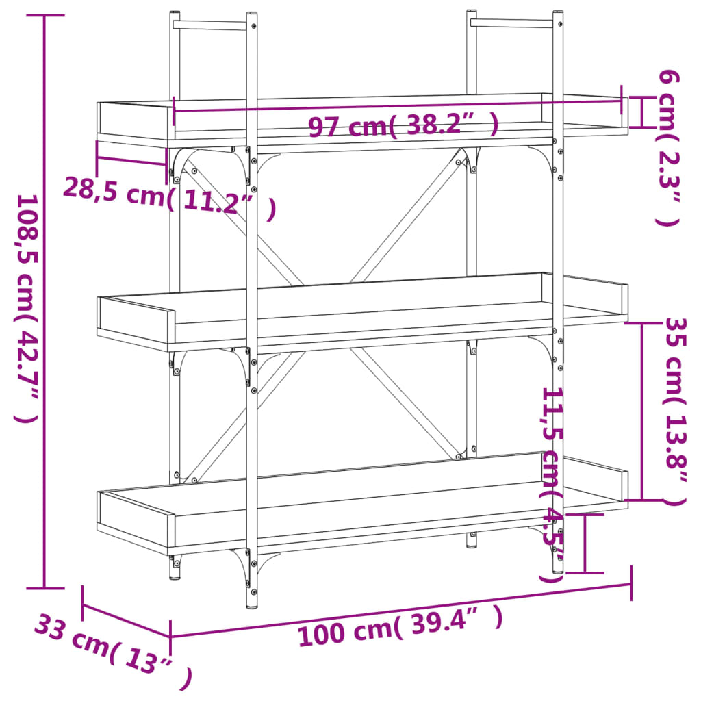 Bokhylle 3 etasjer grå sonoma 100x33x108,5 cm konstruert tre