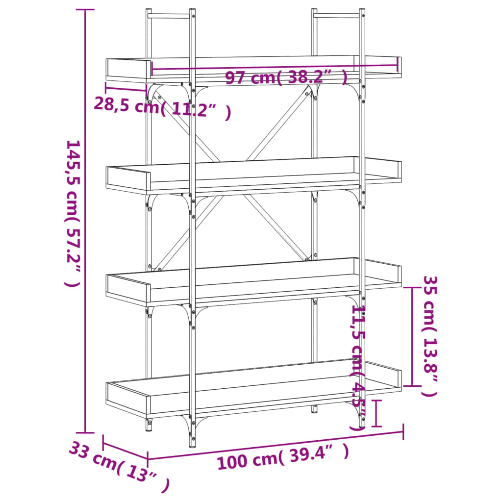 Bokhylle 5 etasjer svart 100x33x145,5 cm konstruert tre