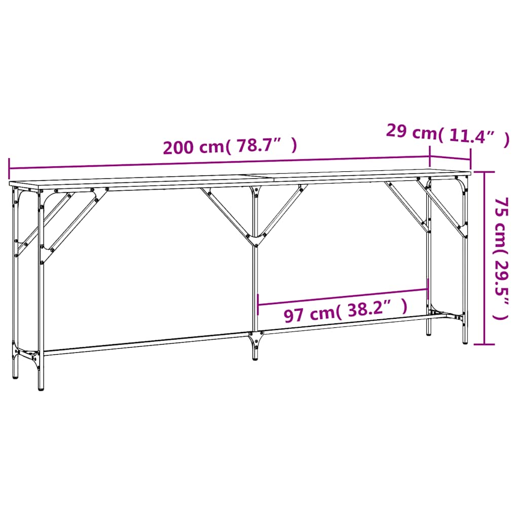 Konsollbord svart 200x29x75 cm konstruert tre