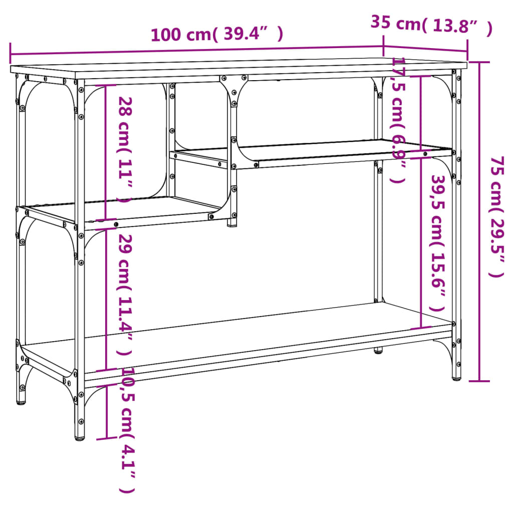 Konsollbord med hyller brun eik 100x35x75 cm