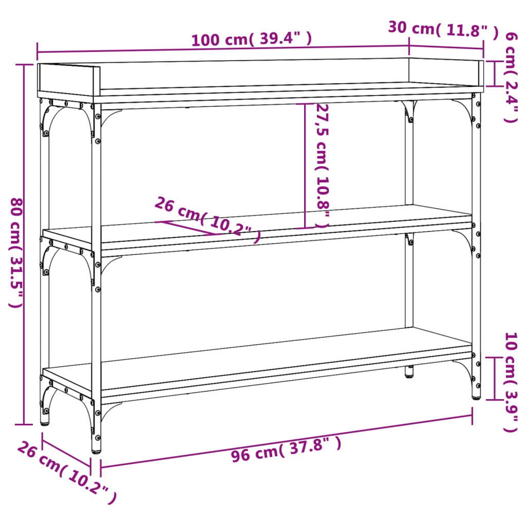 Konsollbord med hyller sonoma eik 100x30x80 cm