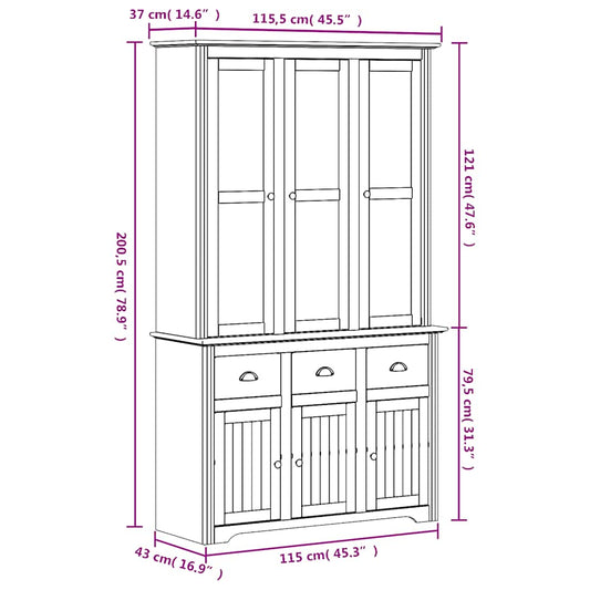 Highboard BODO hvit 115,5x43x200,5 cm heltre furu vidaXL