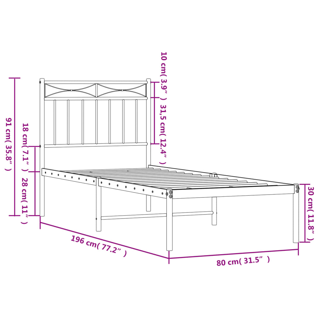 Sengeramme i metall uten madrass med hodegavl hvit 75x190 cm