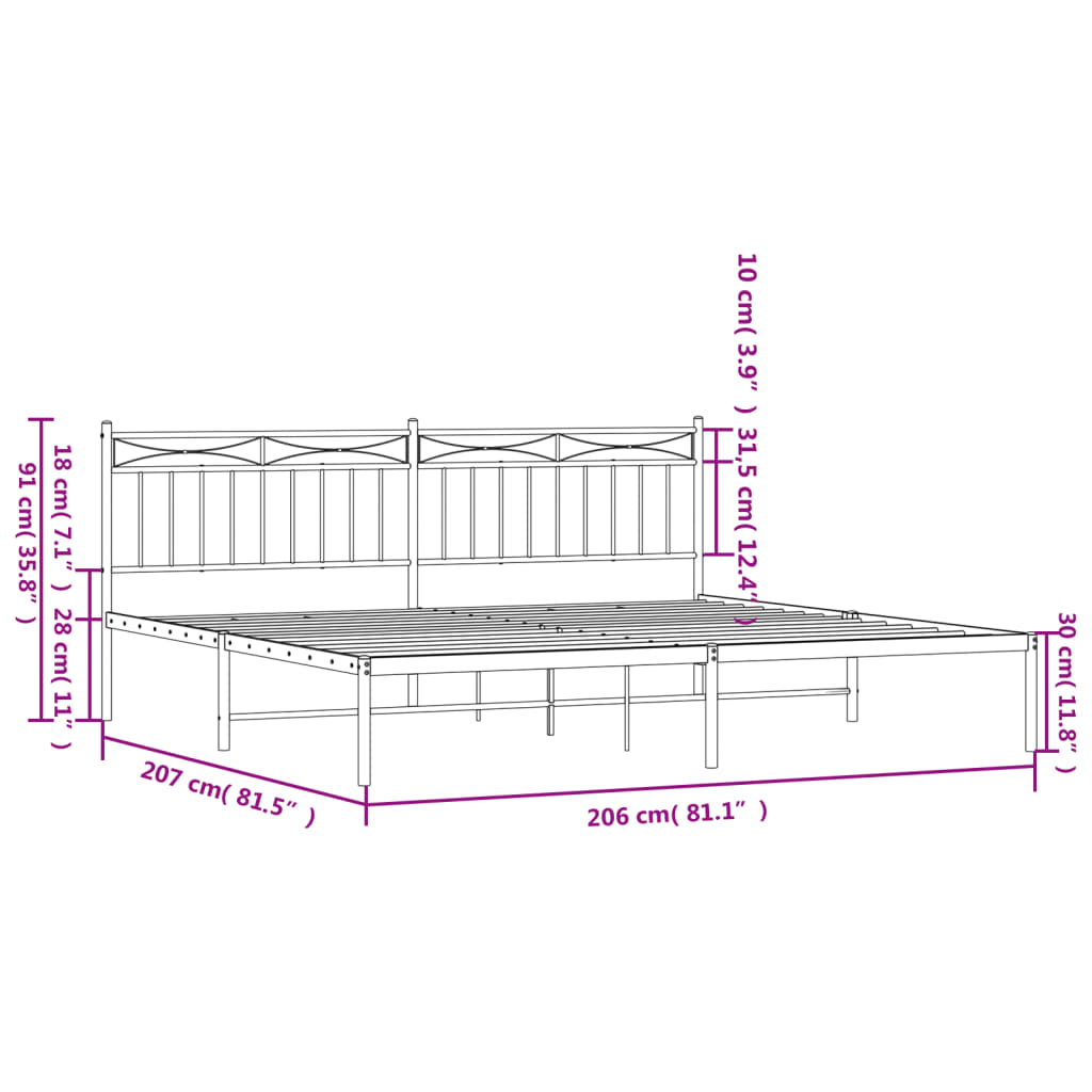 Sengeramme i metall med sengegavl hvit 200x200 cm vidaXL