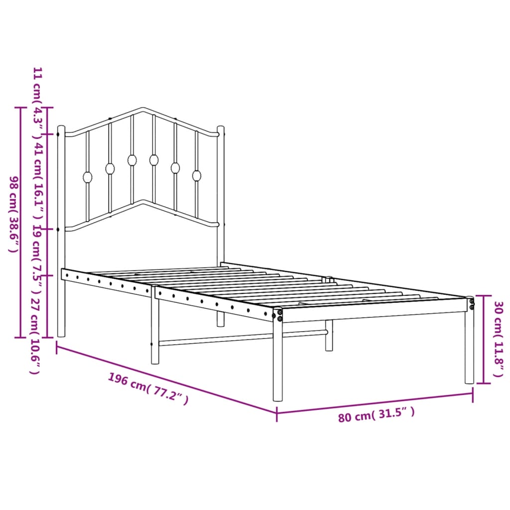 Sengeramme i metall uten madrass med hodegavl hvit 75x190 cm vidaXL