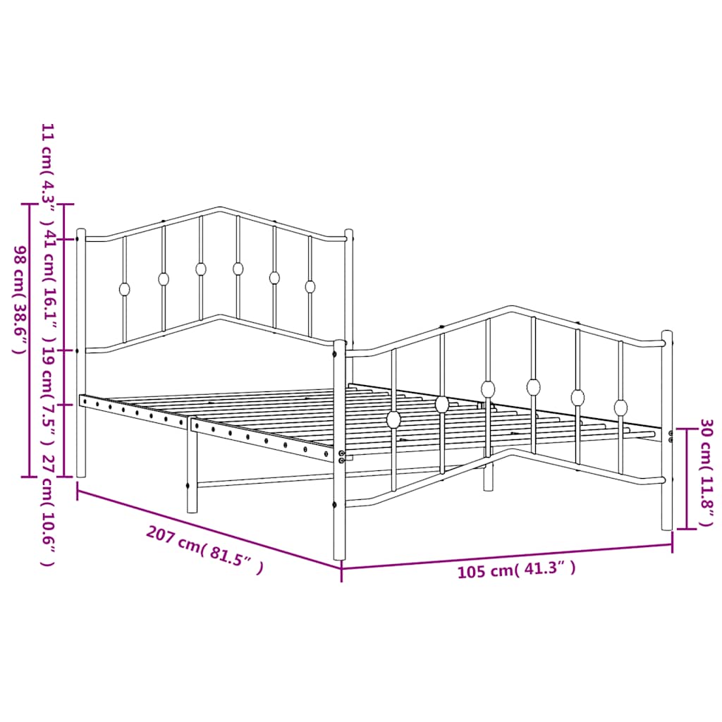 Sengeramme i metall med hode- og fotgavl hvit 100x200 cm