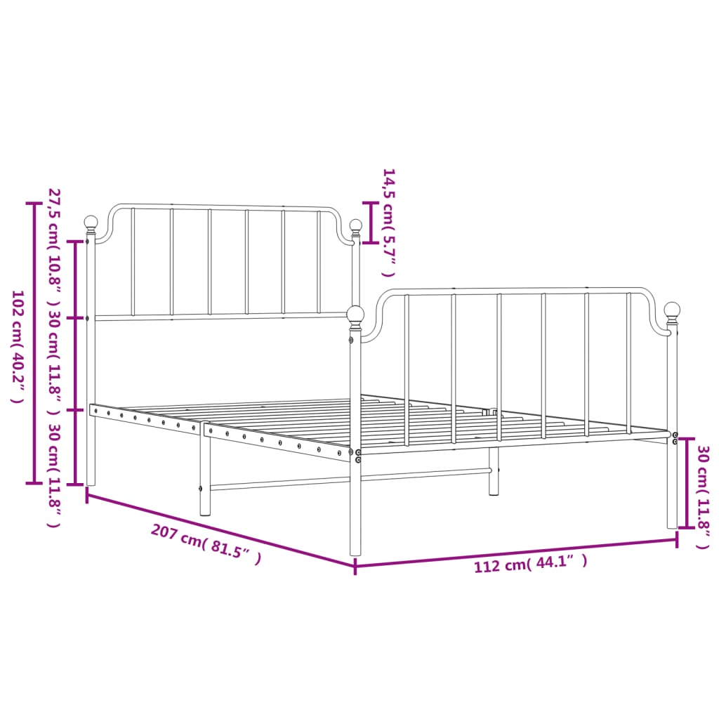 Sengeramme i metall med hode- og fotgavl hvit 107x203 cm vidaXL