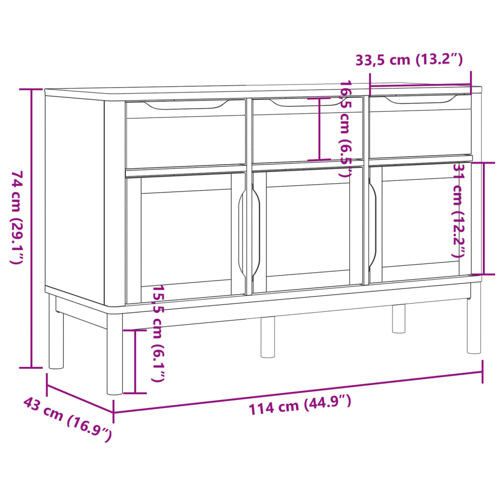 Skjenk FLORO hvit 114x43x74 cm heltre furu