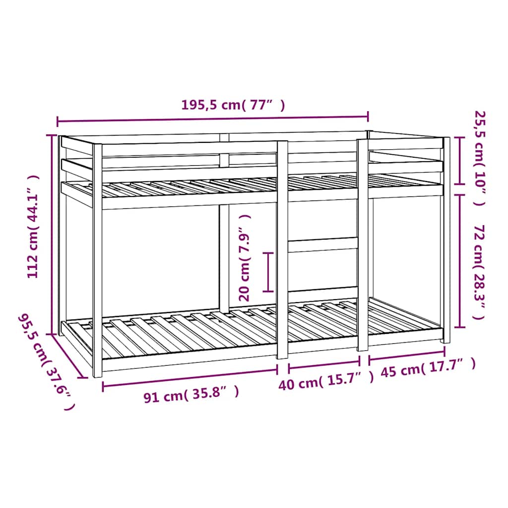 Køyeseng uten madrass 90x190 cm heltre furu