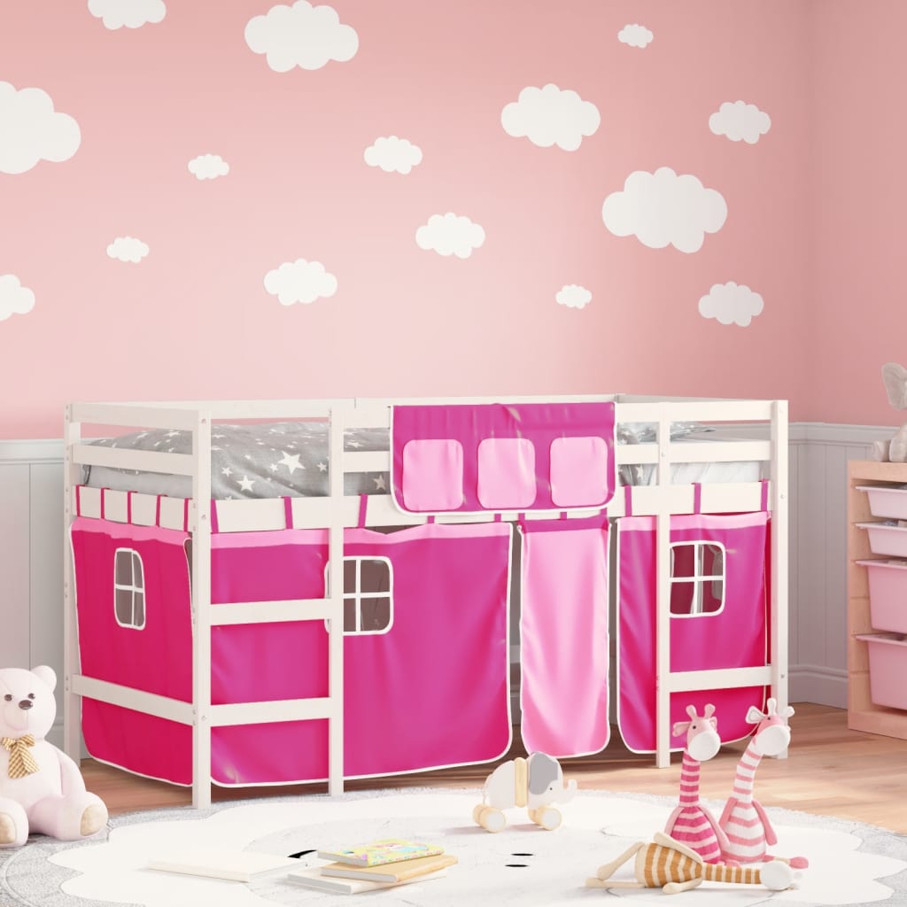Køyeseng for barn med gardiner rosa 90x190 cm heltre furu
