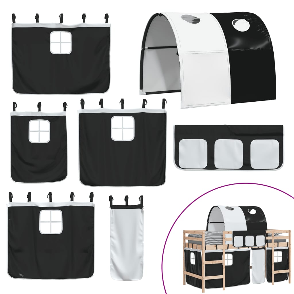 Køyeseng for barn tunnel hvit og svart 90x200 cm heltre furu