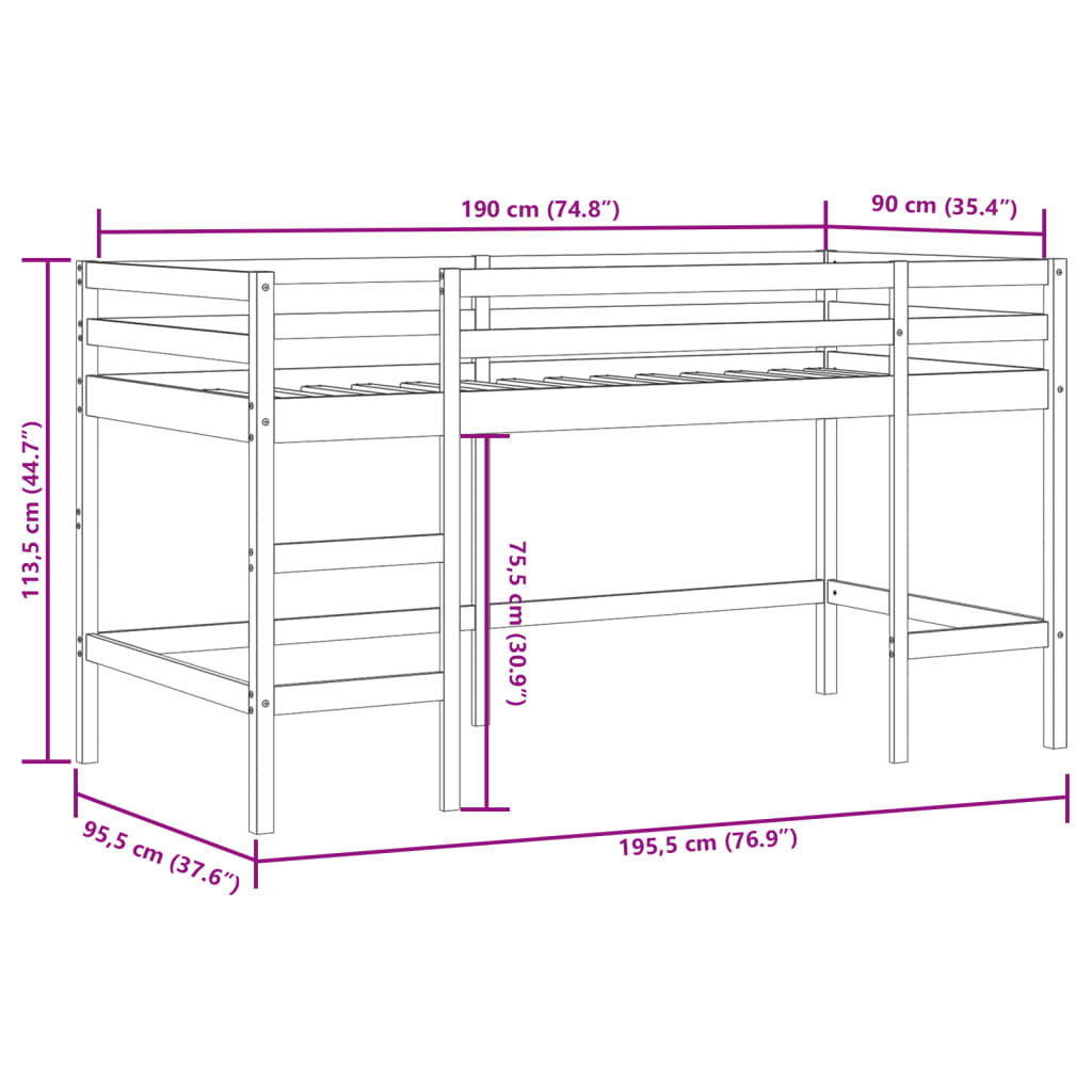 Køyeseng for barn med stige hvit 90x190 cm heltre furu