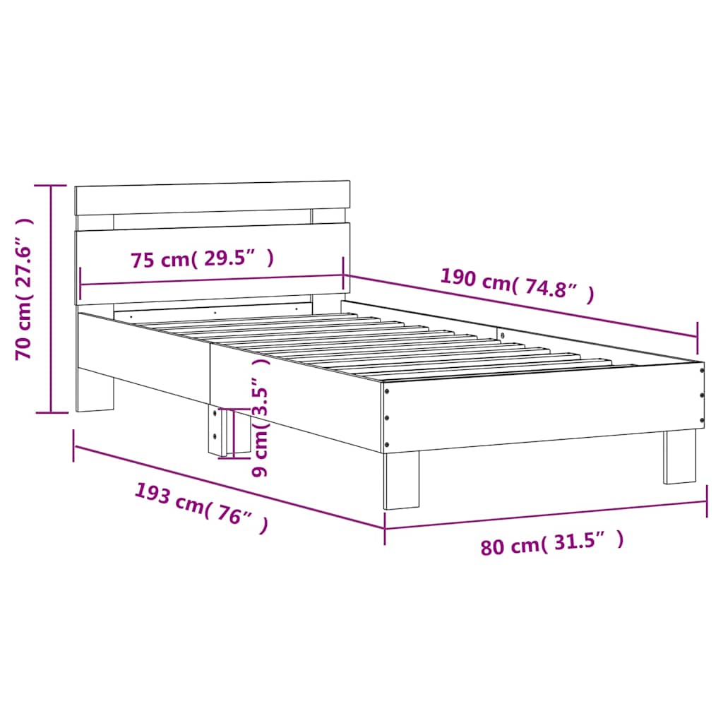 Sengeramme uten madrass med hodegavl sonoma eik 75x190 cm