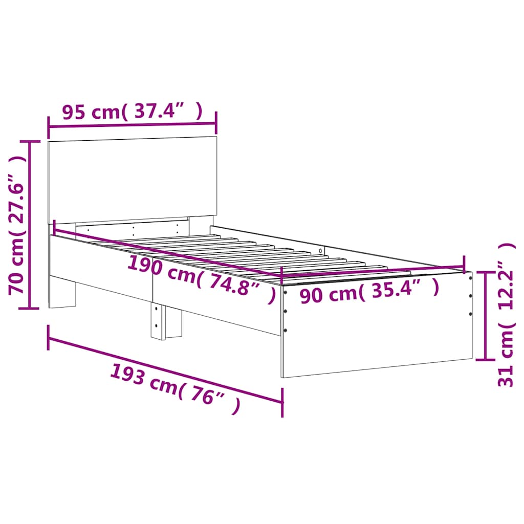 Sengeramme uten madrass med hodegavl sonoma eik 90x190 cm