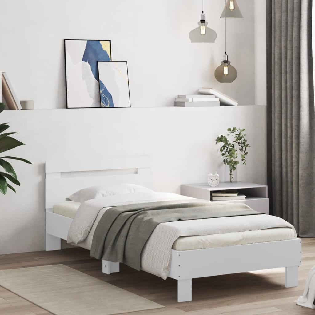 Sengeramme med hodegavl og LED-lys hvit 90x190 cm