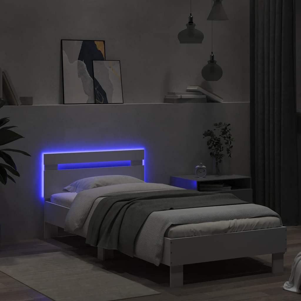 Sengeramme med hodegavl og LED-lys hvit 75x190 cm