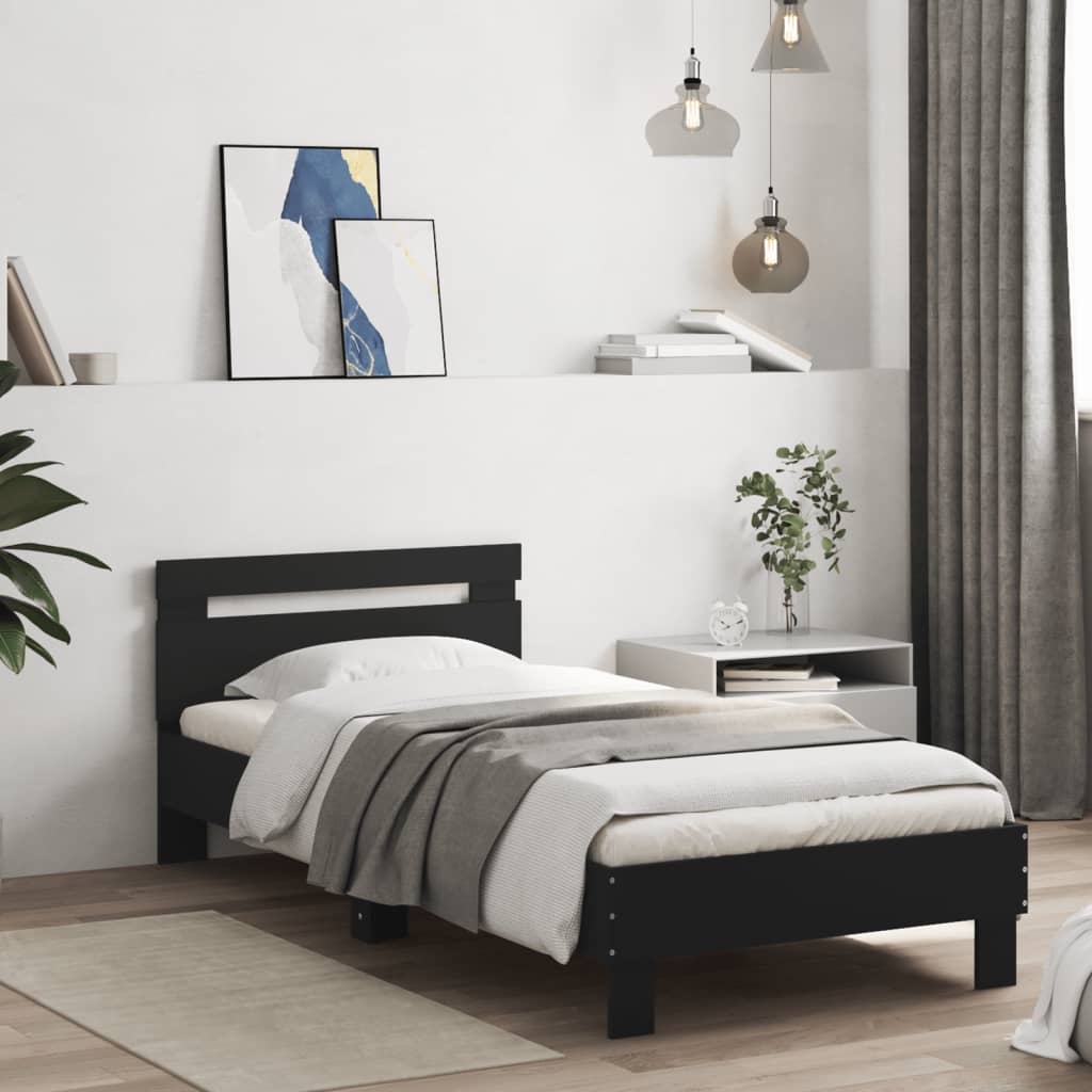Sengeramme med hodegavl og LED-lys svart 75x190 cm