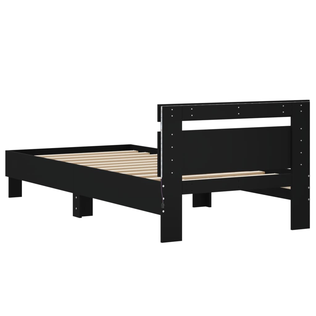 Sengeramme med hodegavl og LED-lys svart 75x190 cm