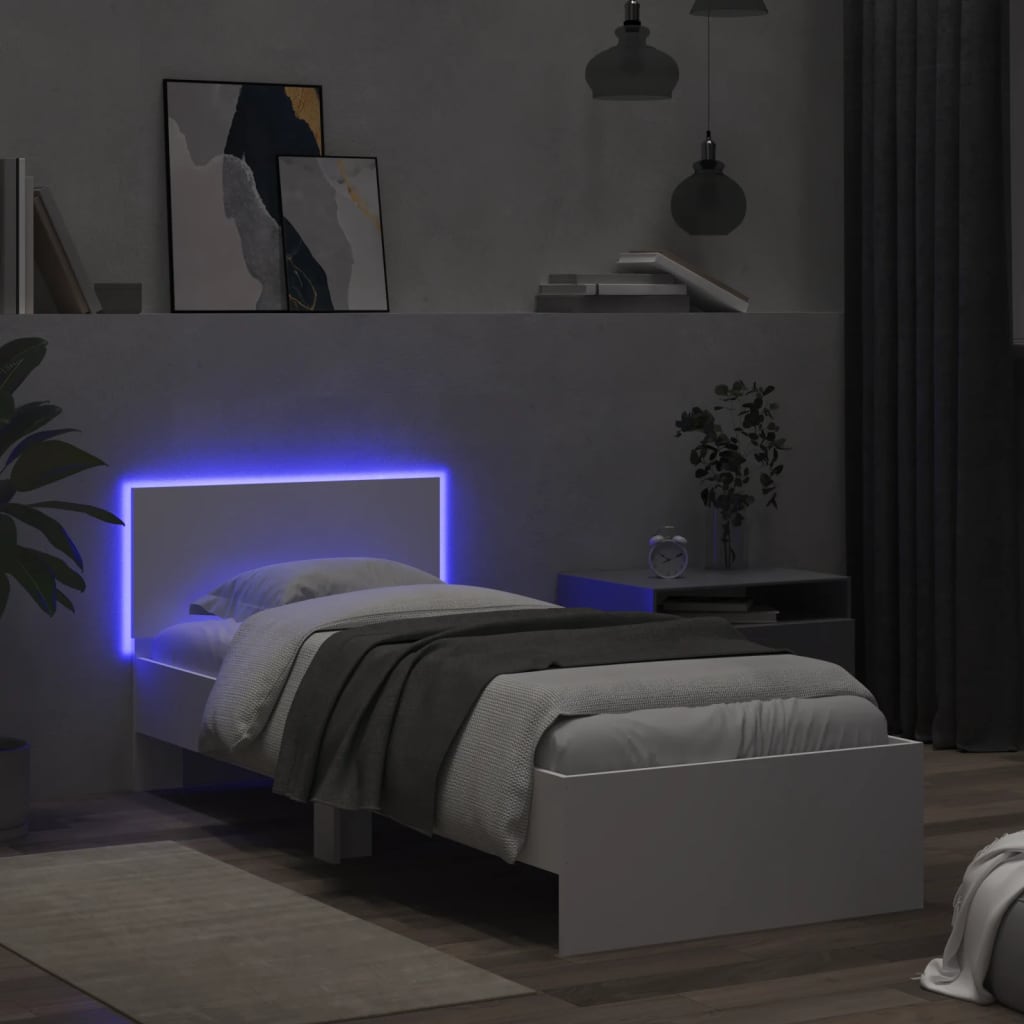 Sengeramme med hodegavl og LED-lys hvit 90x200 cm