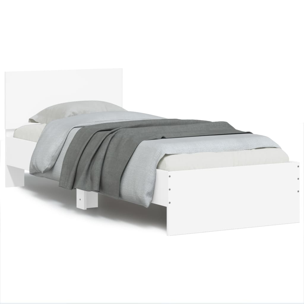 Sengeramme med hodegavl og LED-lys hvit 90x200 cm