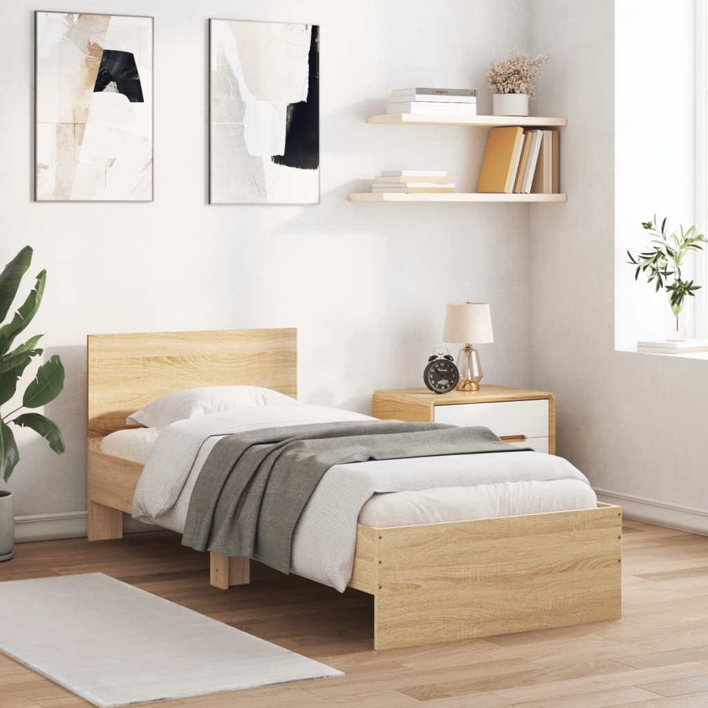 Sengeramme med hodegavl og LED-lys sonoma eik 90x200 cm