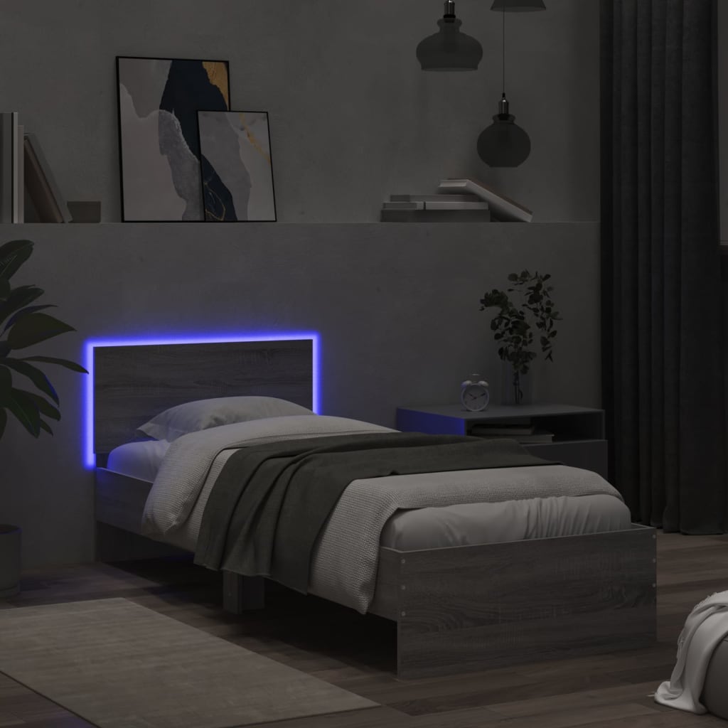 Sengeramme med hodegavl og LED-lys grå sonoma 90x200 cm