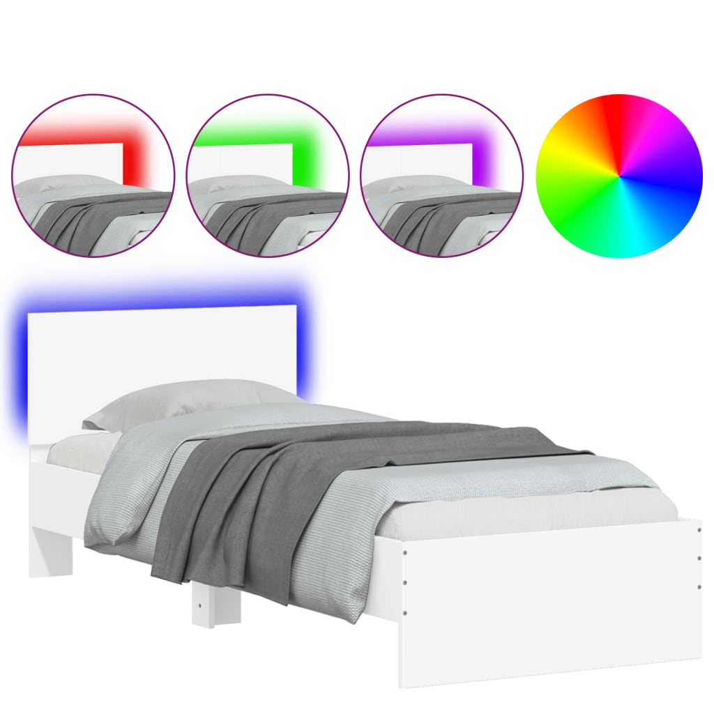 Sengeramme med hodegavl og LED-lys hvit 90x190 cm