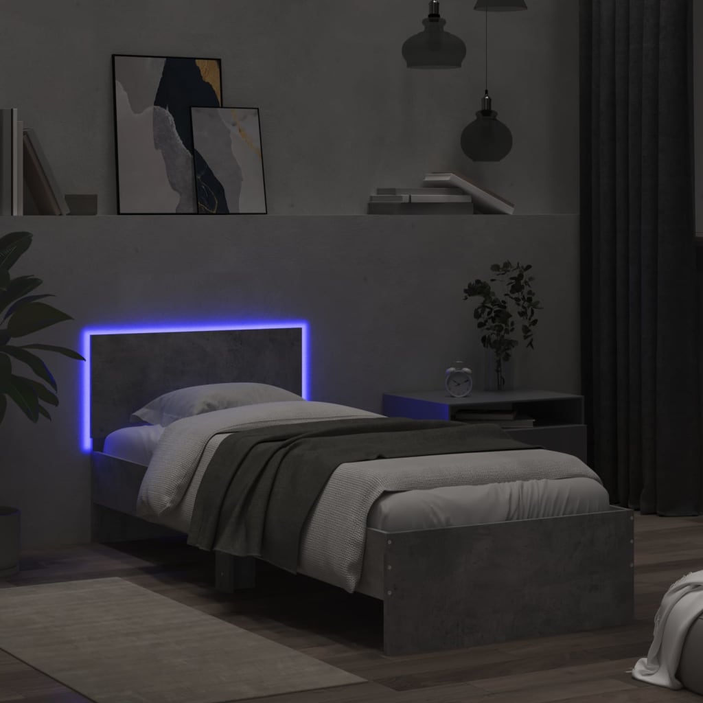 Sengeramme med hodegavl og LED-lys betonggrå 90x190 cm