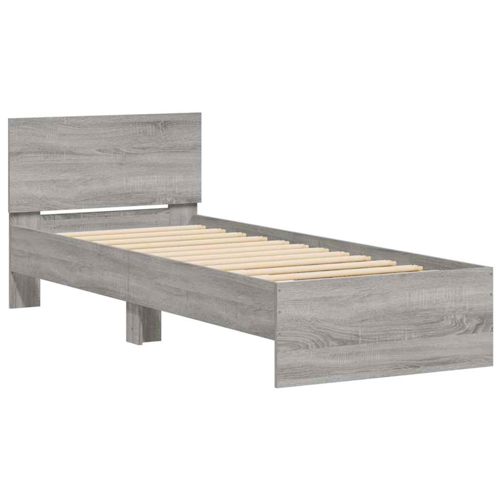 Sengeramme med hodegavl og LED-lys grå sonoma 90x190 cm