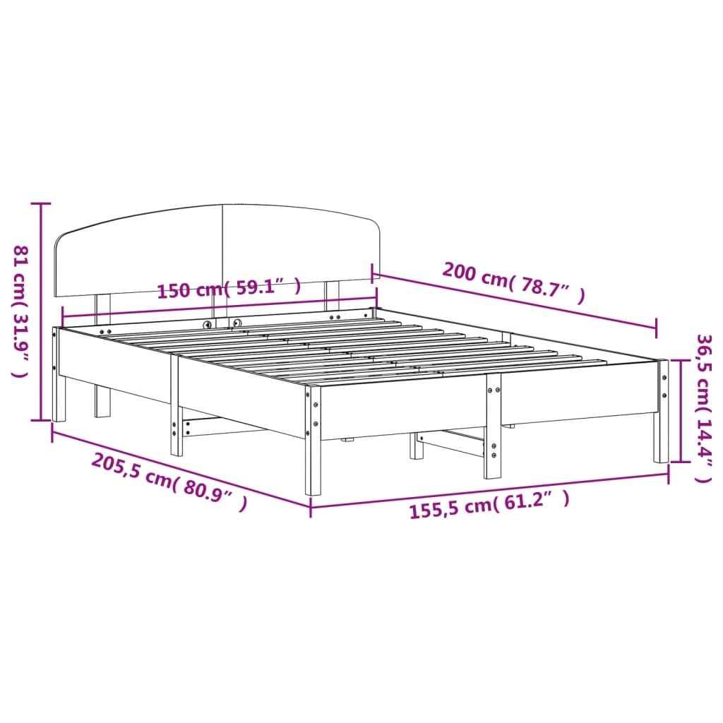 Sengeramme uten madrass brun 150x200 cm heltre furu