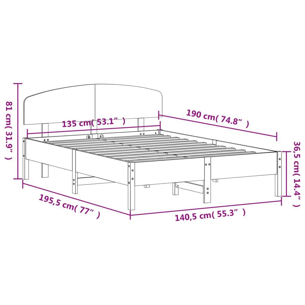 Sengeramme uten madrass brun 135x190 cm heltre furu