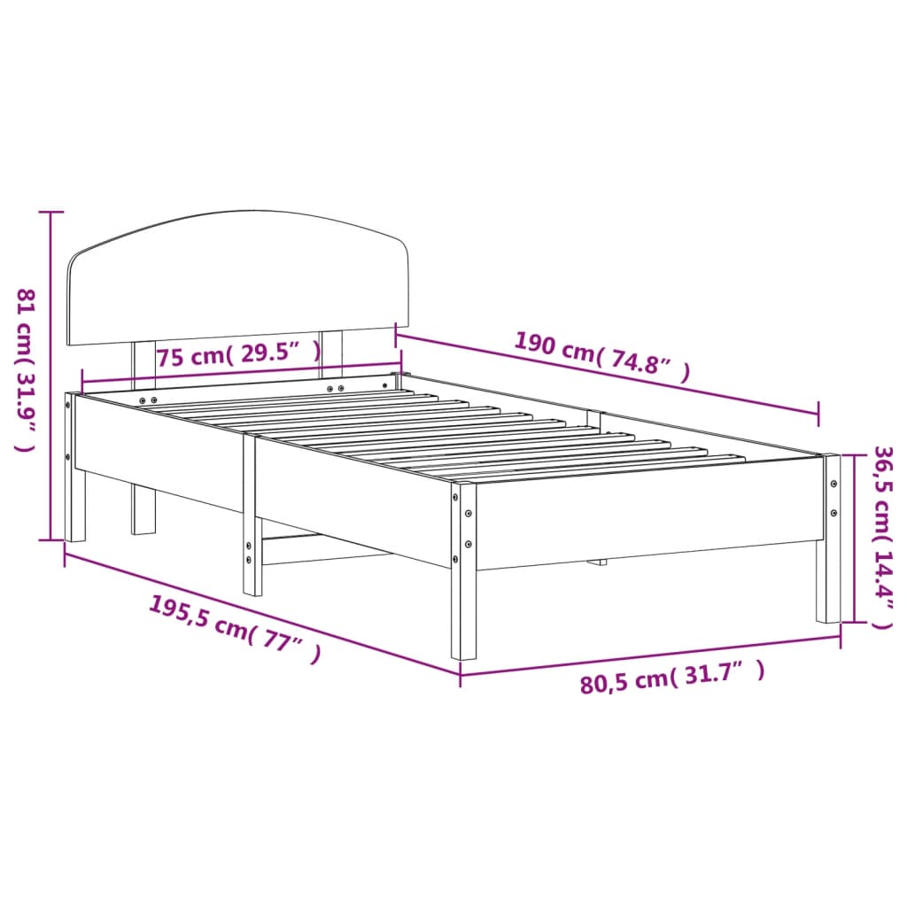 Sengeramme uten madrass hvit 75x190 cm heltre furu