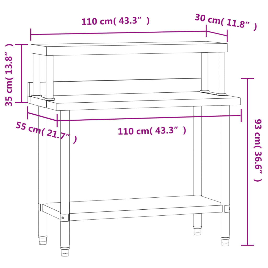 Kjøkkenbenk med overhylle 110x55x120 cm rustfritt stål