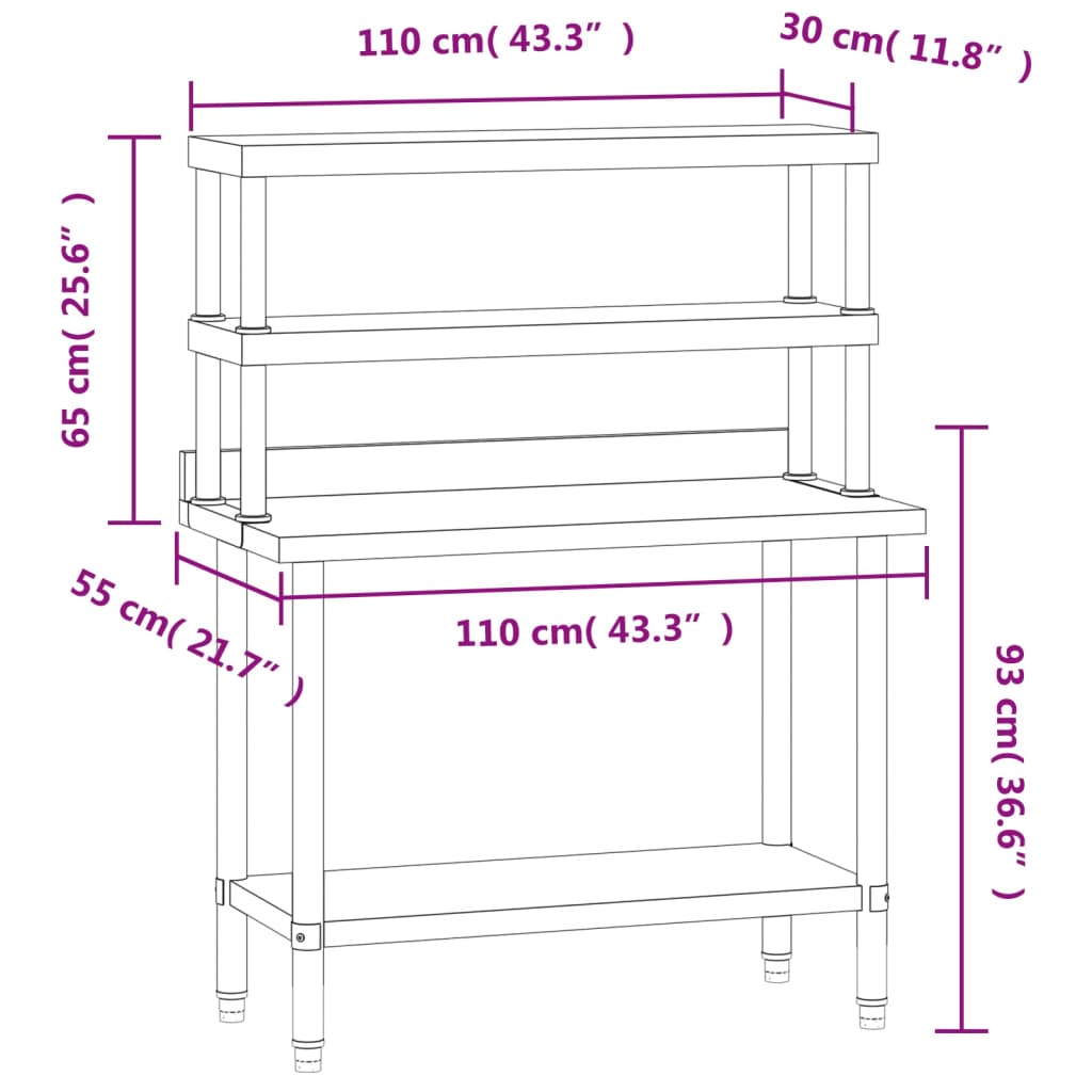 Kjøkkenbenk med overhylle 110x55x150 cm rustfritt stål