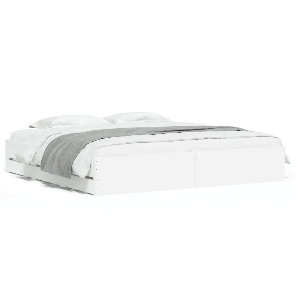 Sengeramme med skuffer hvit 200x200 cm konstruert tre