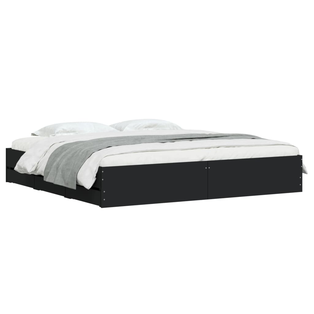 Sengeramme med skuffer svart 200x200 cm konstruert tre