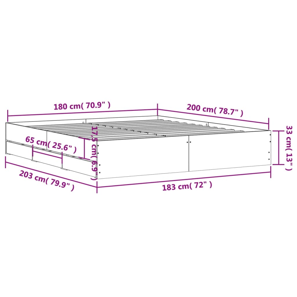 Sengeramme med skuffer sonoma eik 180x200 cm konstruert tre