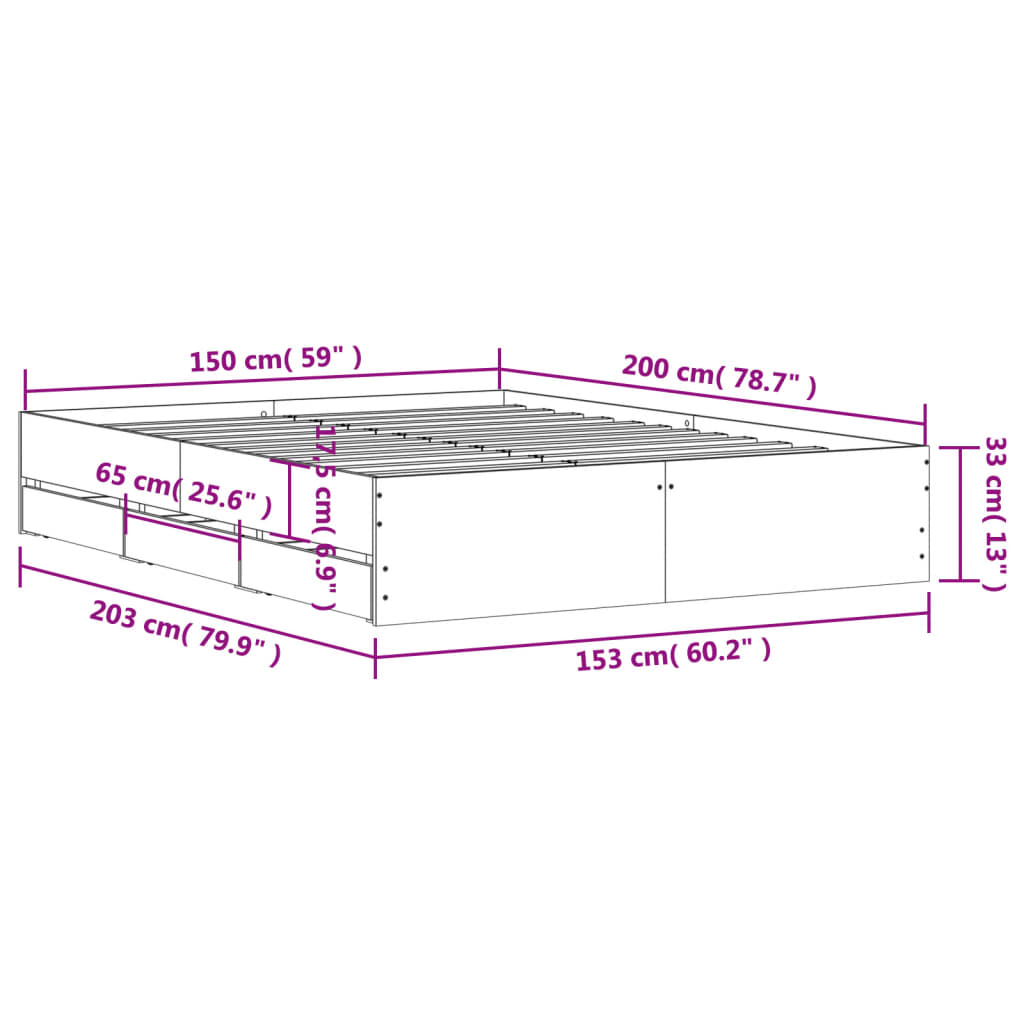 Sengeramme med skuffer svart 150x200 cm konstruert tre