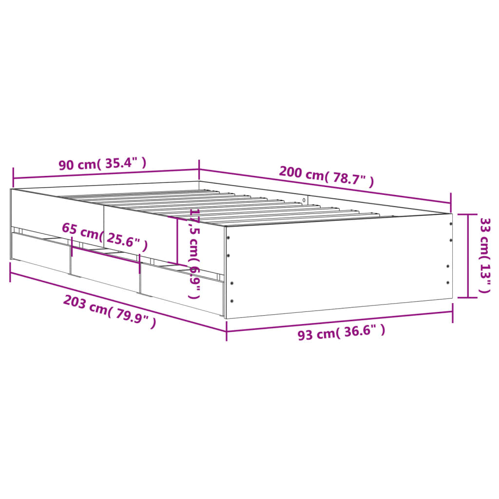 Sengeramme med skuffer svart 90x200 cm konstruert tre