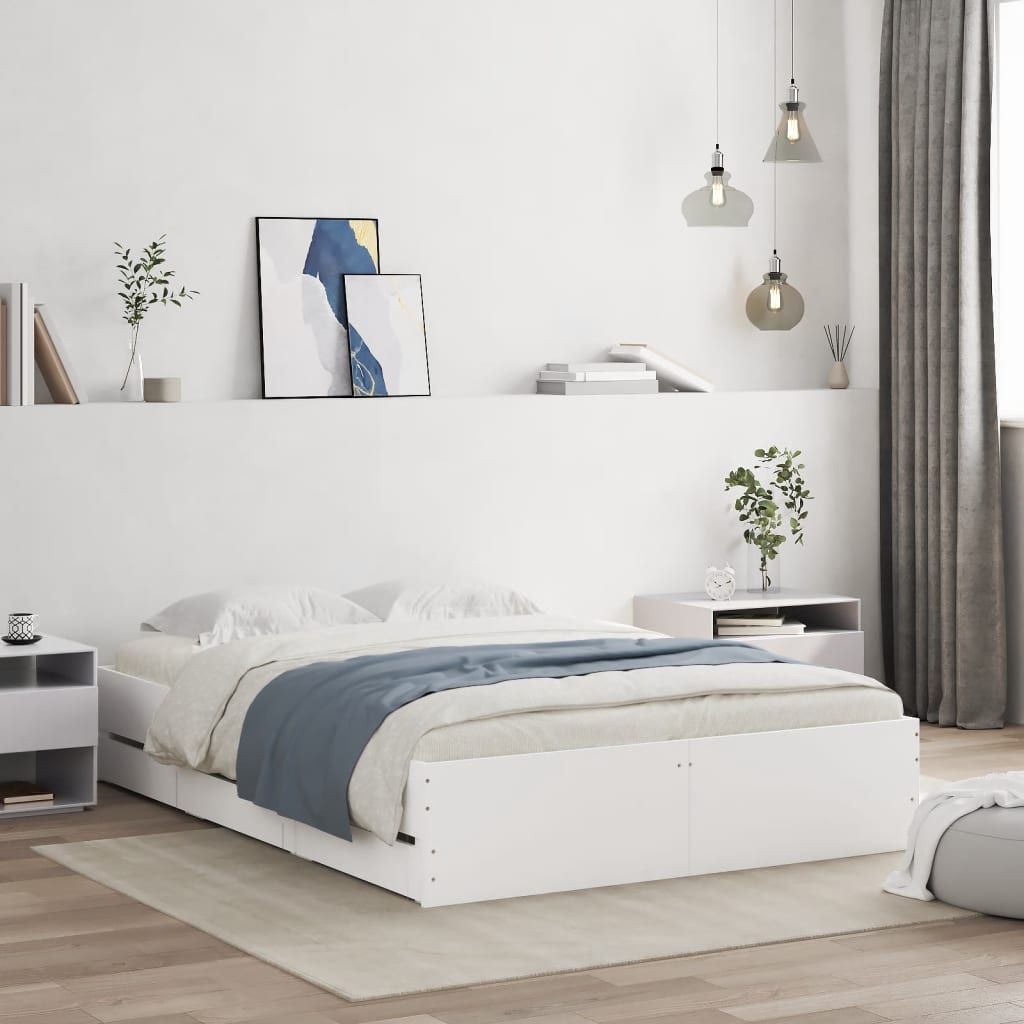 Sengeramme med skuffer hvit 135x190 cm konstruert tre