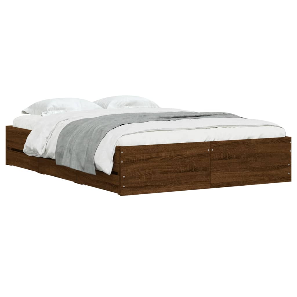 Sengeramme med skuffer brun eik 135x190 cm konstruert tre