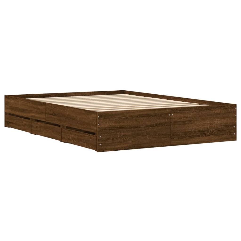 Sengeramme med skuffer brun eik 135x190 cm konstruert tre