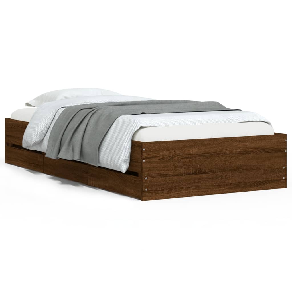 Sengeramme med skuffer brun eik 75x190 cm konstruert tre