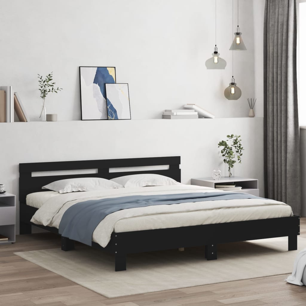 Sengeramme med hodegavl svart 200x200 cm konstruert tre